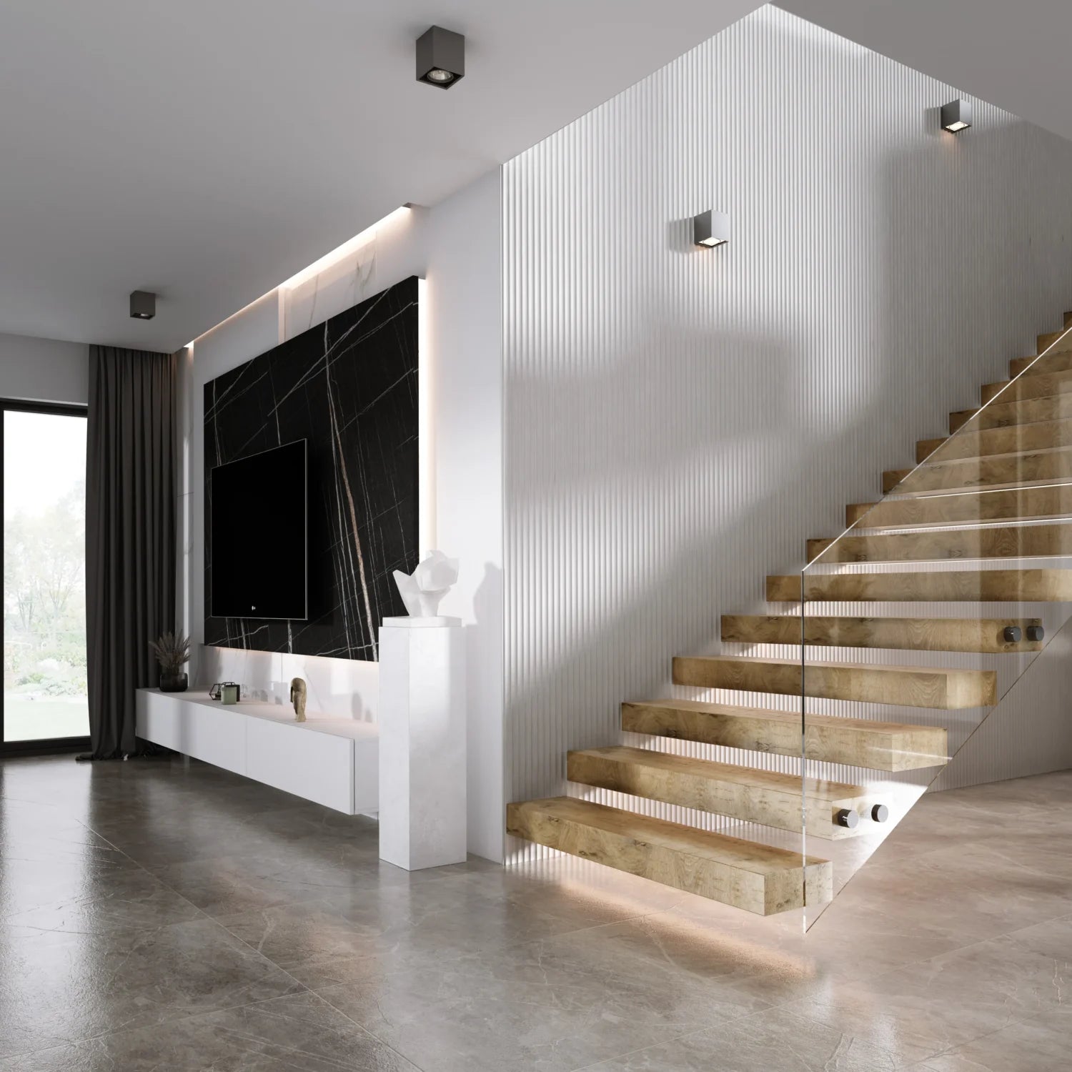 Világosabb szürke bordázott Inspira Lux falpanel modern nappali falán