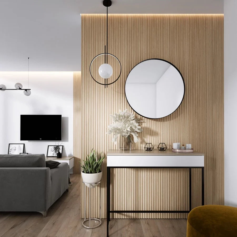 Dizájn fali dekoráció nappaliban: Inspira Lux fahatású panel belsőépítészeti környezetben Inspira Bútor