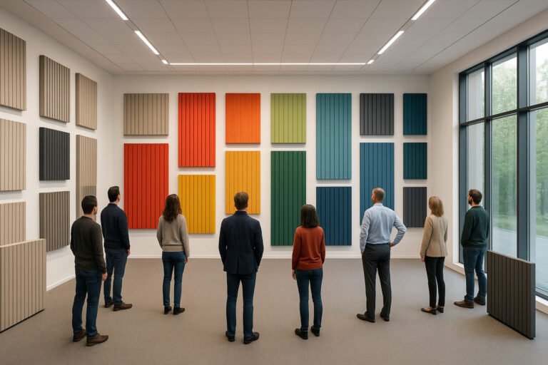 Akusztikus paneleket bemutató showroom