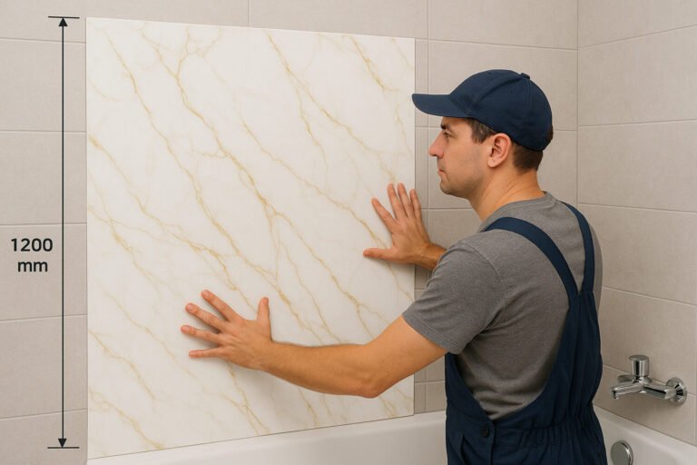 Egy szakember PVC falburkolatot telepít egy fürdőszobában