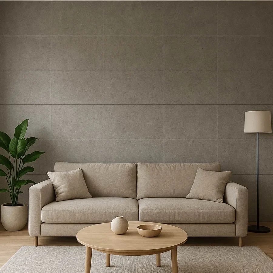 Beton hatású PVC faburkolat a nappaliban
