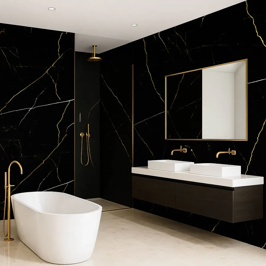 Fekete alapon arany mintás PVC falpanel a fürdőszobában