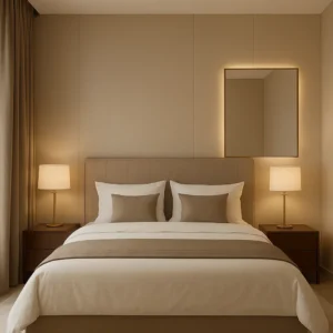 Arany tölgy színű bambuszfa falpanel hálószobában, ágy mögötti dekorációként