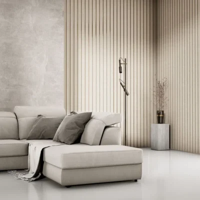 Otthonos nappali faldekoráció: bézs Inspira Lux panel közeli nézetben