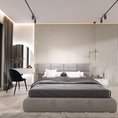 Modern hálószoba dekoráció szürke, bordázott Inspira Decora falpanellel