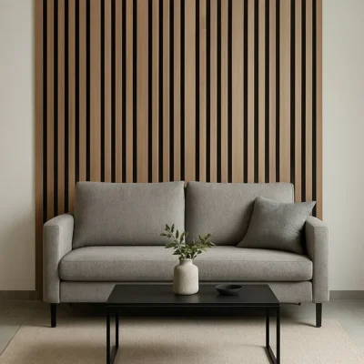 Dió színű faléces akusztikus panel fekete filc alapon egy nappali falán