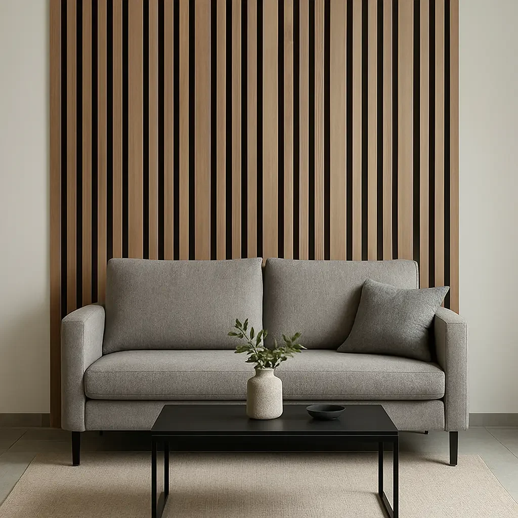 Dió színű faléces akusztikus panel fekete filc alapon egy nappali falán Inspira Bútor