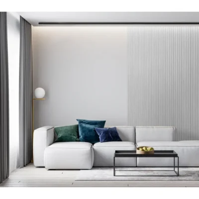 Szürke színű, texturált Inspira Lux falpanel nappali falán közelről