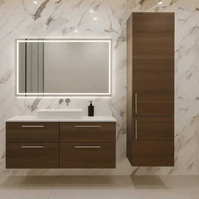 Modern luxus fürdőszoba arany erezetes fehér márvány mintás nagyformátumú PVC falpanellel