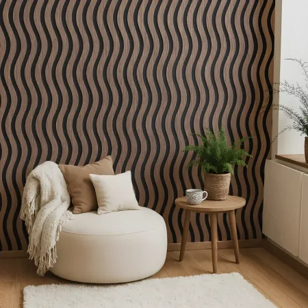 Sötét dió színű, hullámos akusztikus falpanel a nappaliban