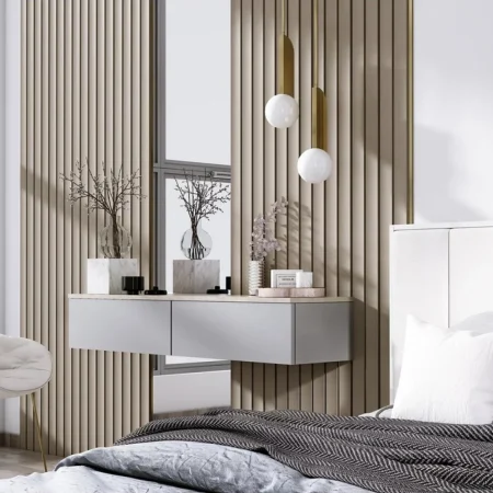 Hálószobai fókuszfal bézs Inspira Decora falpanelből modern belső térben