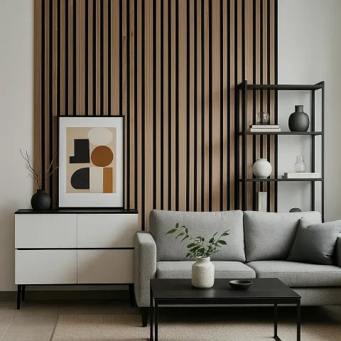 Dió színű akusztikus falpanel modern nappali környezetben, függőleges lécezéssel